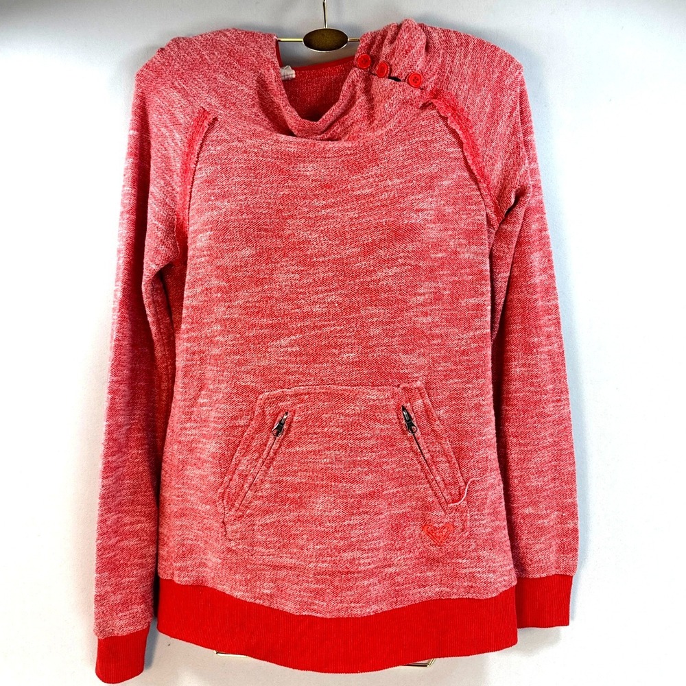 Roxy Womens Small Red Marled Cowl Neck Hoodie Zipper Pockets Raglan Pullover
